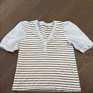 LOFT White and Blue Striped Blouse with V-Neck